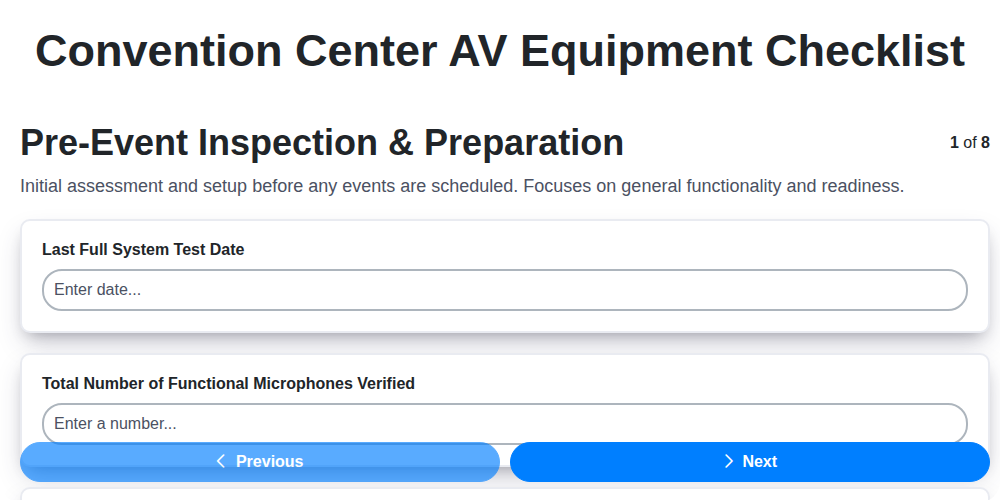 convention center av equipment checklist screenshot