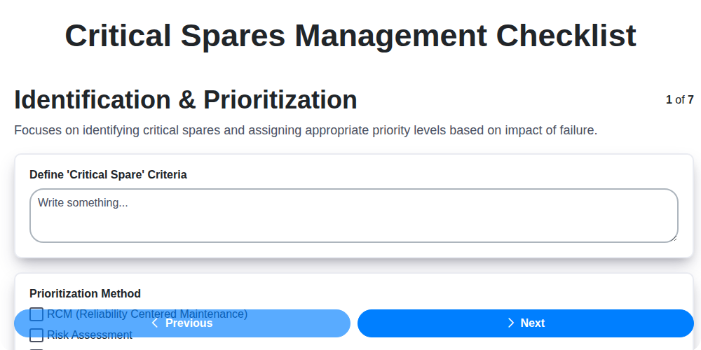critical spares management checklist screenshot