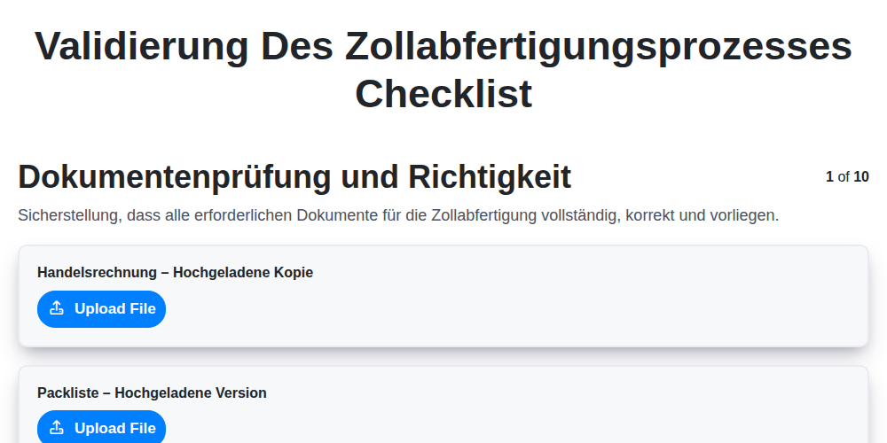 Validierung des Zollabfertigungsprozesses screenshot