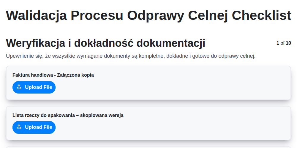 Walidacja procesu odprawy celnej screenshot