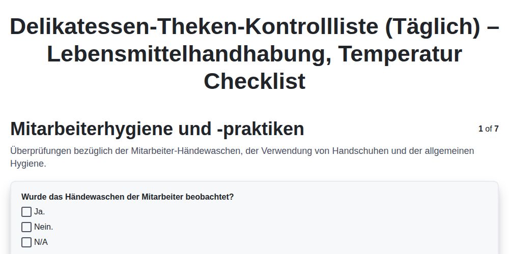 Delikatessen-Theken-Kontrollliste (täglich) – Lebensmittelhandhabung, Temperatur screenshot