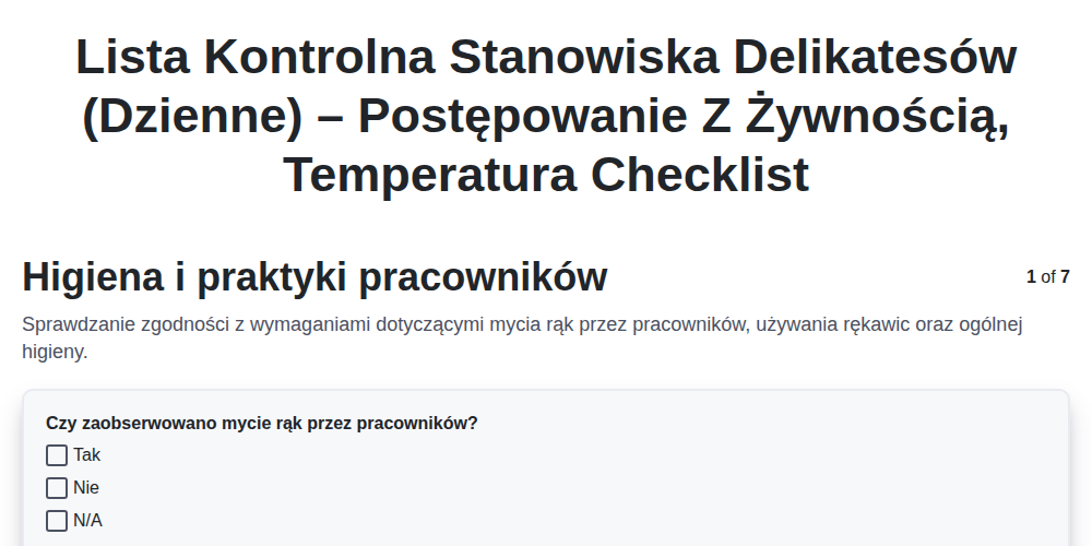 Lista kontrolna stanowiska delikatesów (dzienne) – postępowanie z żywnością, temperatura screenshot