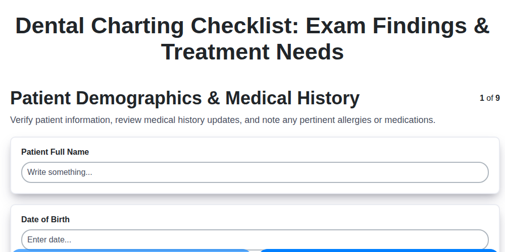 dental charting checklist exam findings treatment needs screenshot