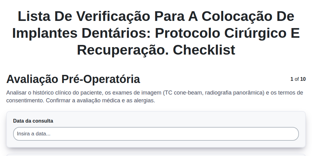 Lista de verificação para a colocação de implantes dentários: protocolo cirúrgico e recuperação. screenshot