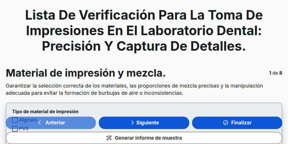 Lista de verificación para la toma de impresiones en el laboratorio dental: precisión y captura de detalles.