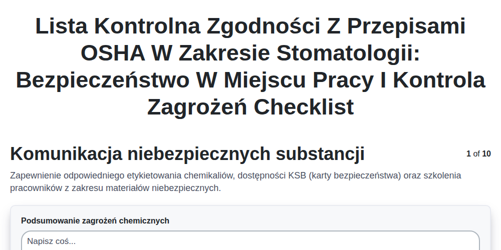 Lista kontrolna zgodności z przepisami OSHA w zakresie stomatologii: Bezpieczeństwo w miejscu pracy i kontrola zagrożeń screenshot
