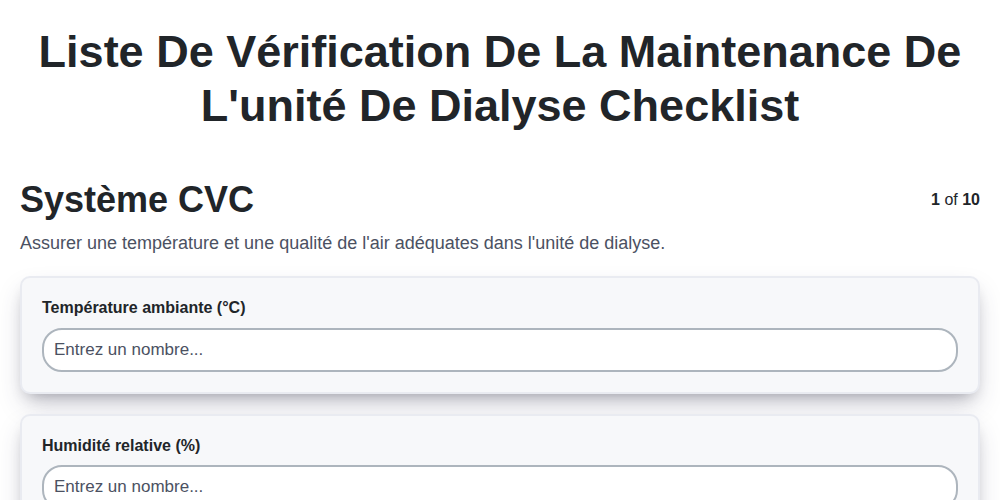 Liste de vérification de la maintenance de l'unité de dialyse screenshot