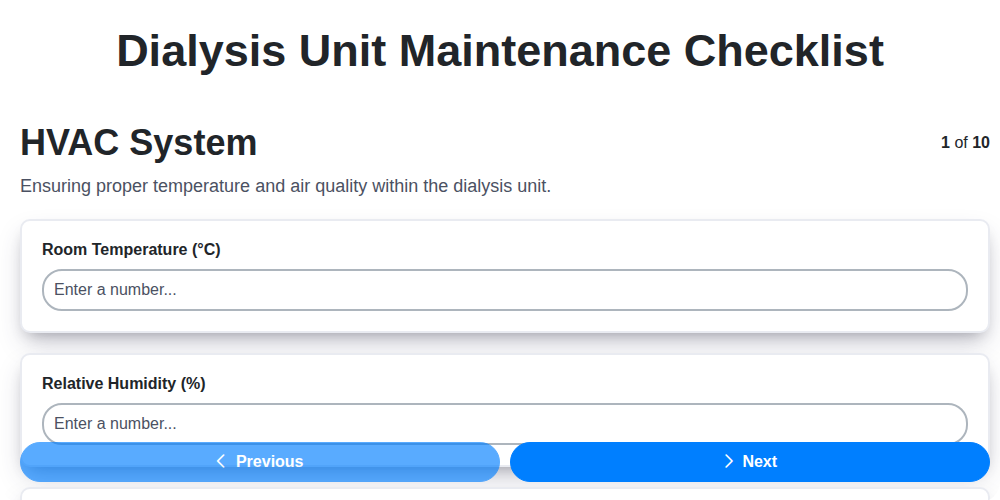 dialysis unit maintenance checklist screenshot