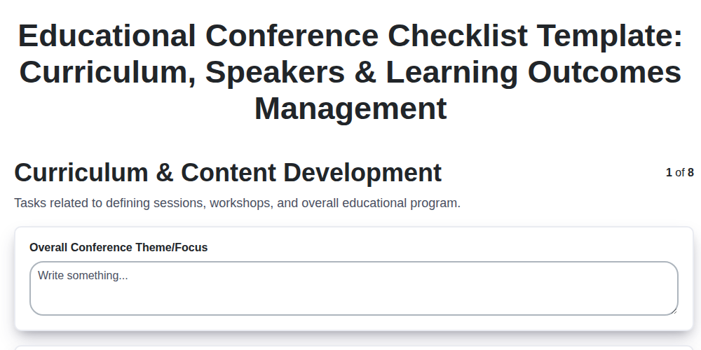 educational conference checklist template curriculum speakers learning outcomes management screenshot