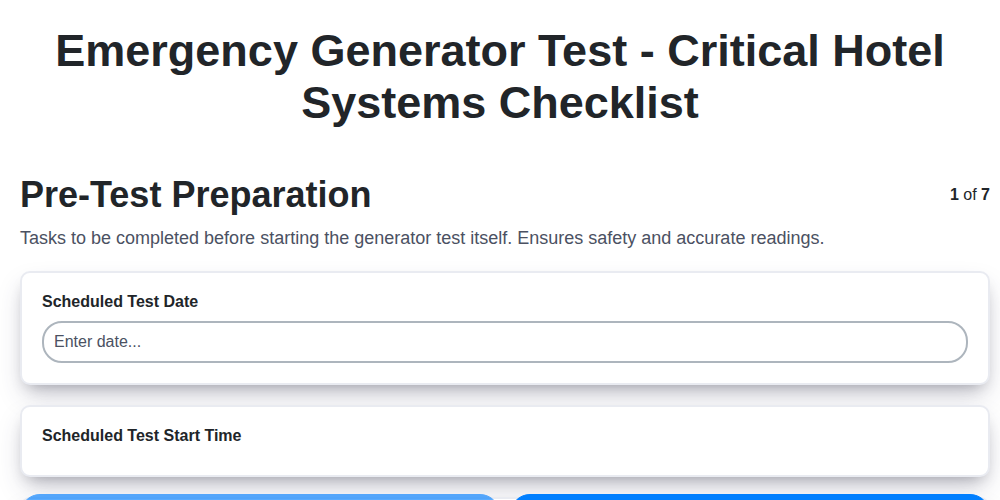 emergency generator test critical hotel systems checklist screenshot