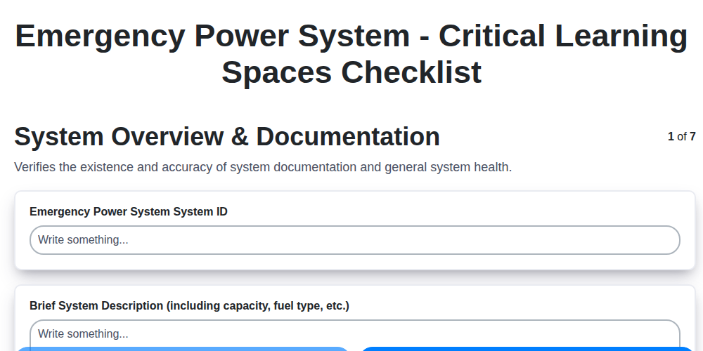 emergency power system critical learning spaces checklist screenshot