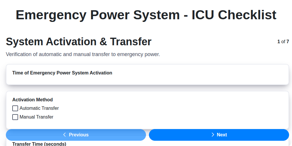emergency power system icu checklist screenshot