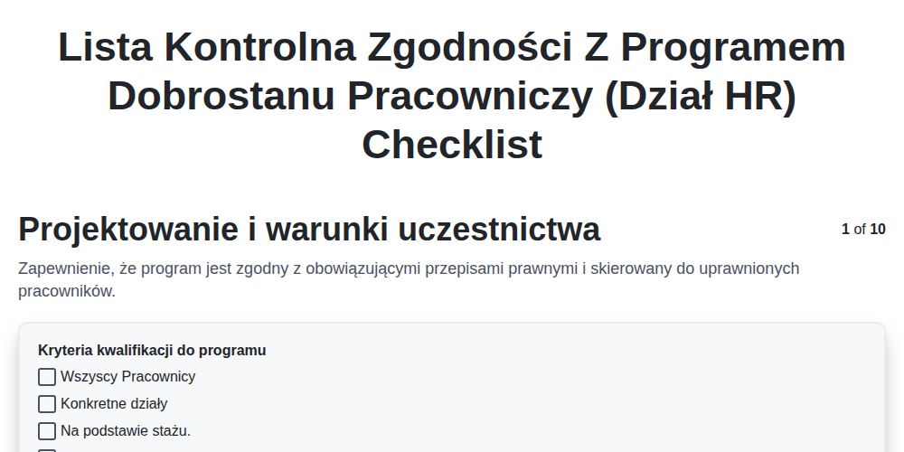 Lista kontrolna zgodności z programem dobrostanu pracowniczy (Dział HR)
 screenshot