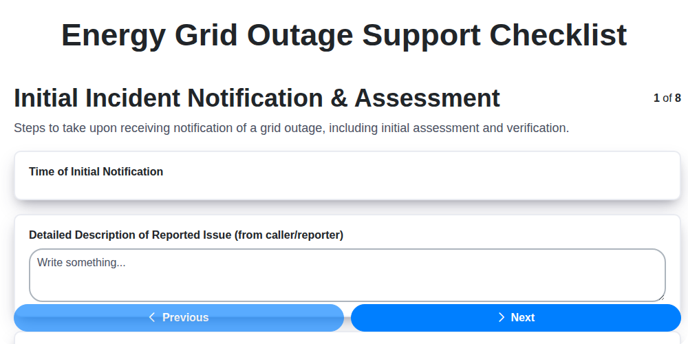 energy grid outage support checklist screenshot