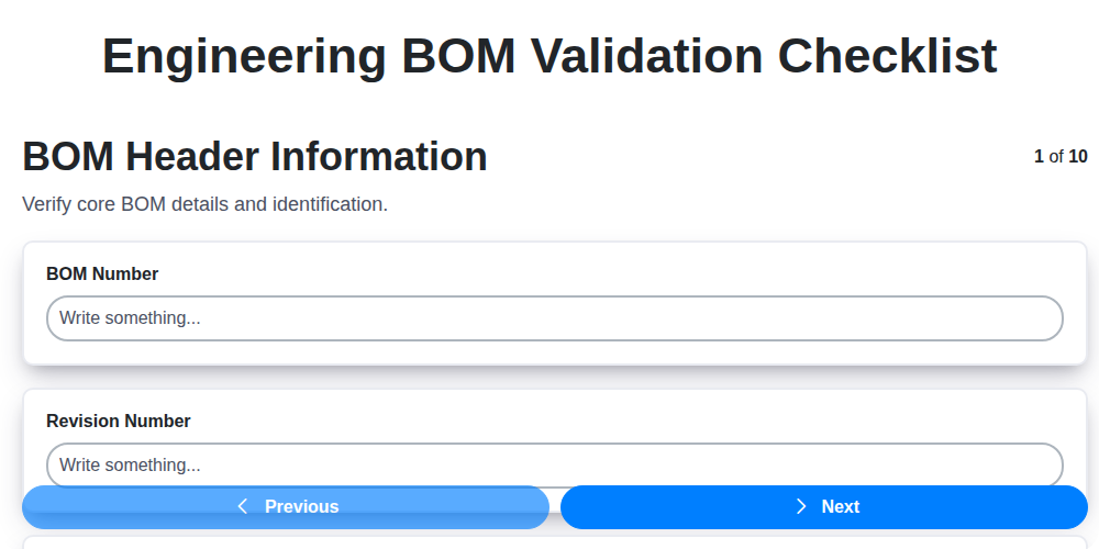 engineering bom validation checklist screenshot