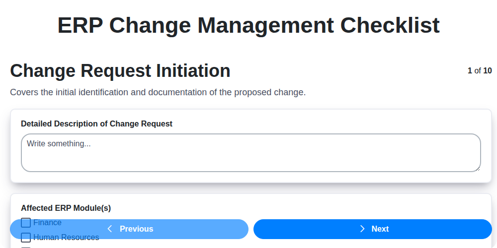 erp change management checklist screenshot