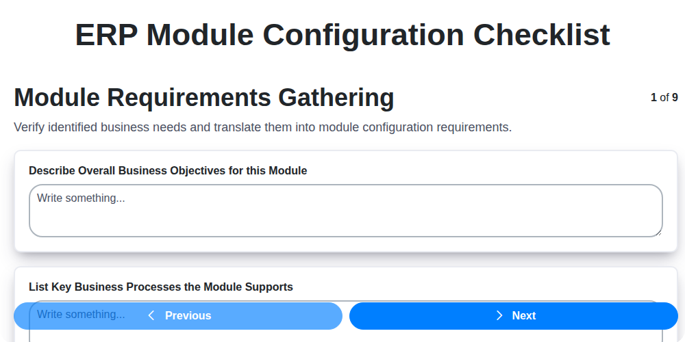 erp module configuration checklist screenshot