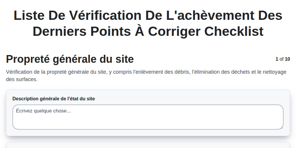 Liste de vérification de l'achèvement des derniers points à corriger