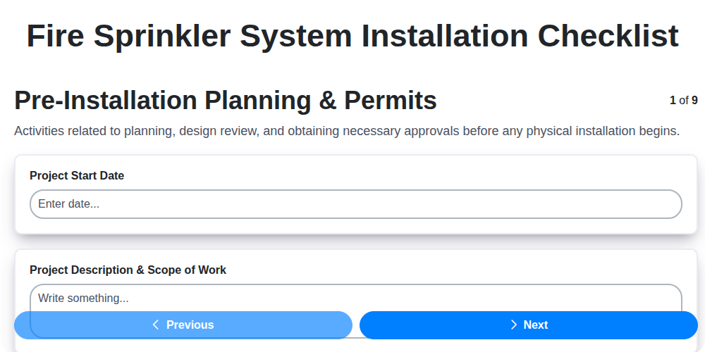 fire sprinkler system installation checklist screenshot