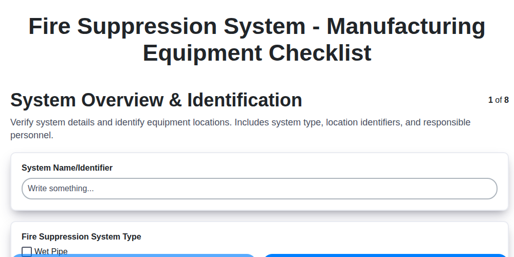 fire suppression system manufacturing equipment checklist screenshot