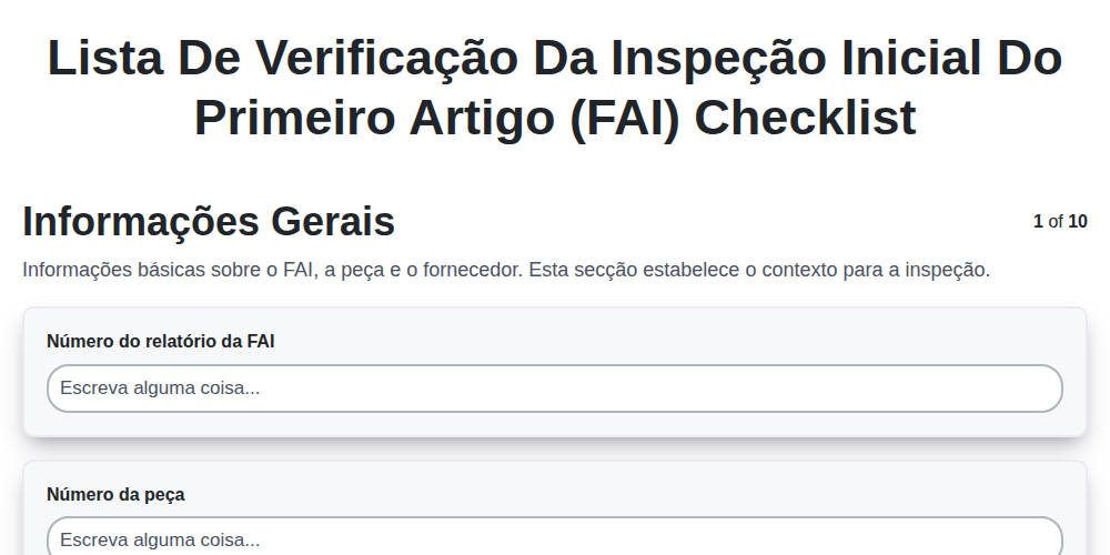 Lista de verificação da inspeção inicial do primeiro artigo (FAI) screenshot