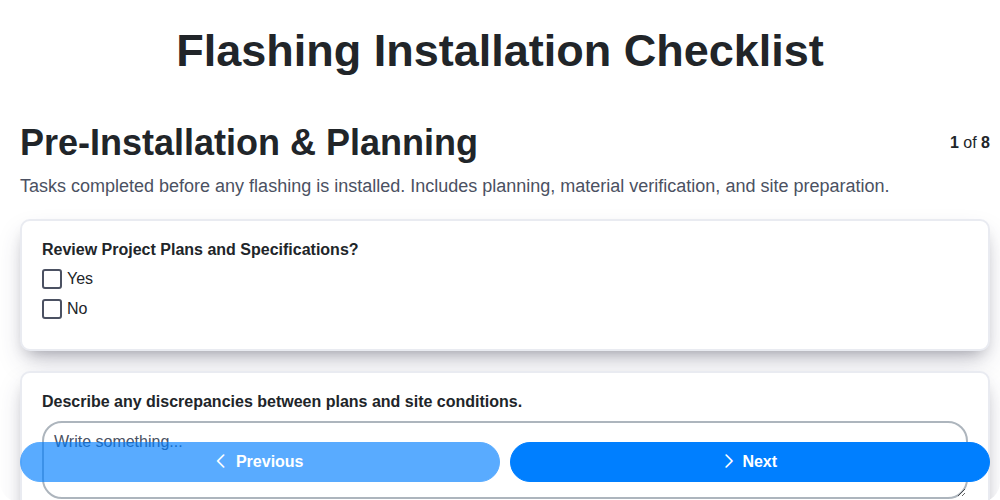 flashing installation checklist screenshot