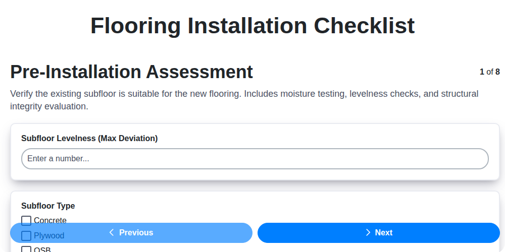 flooring installation checklist screenshot