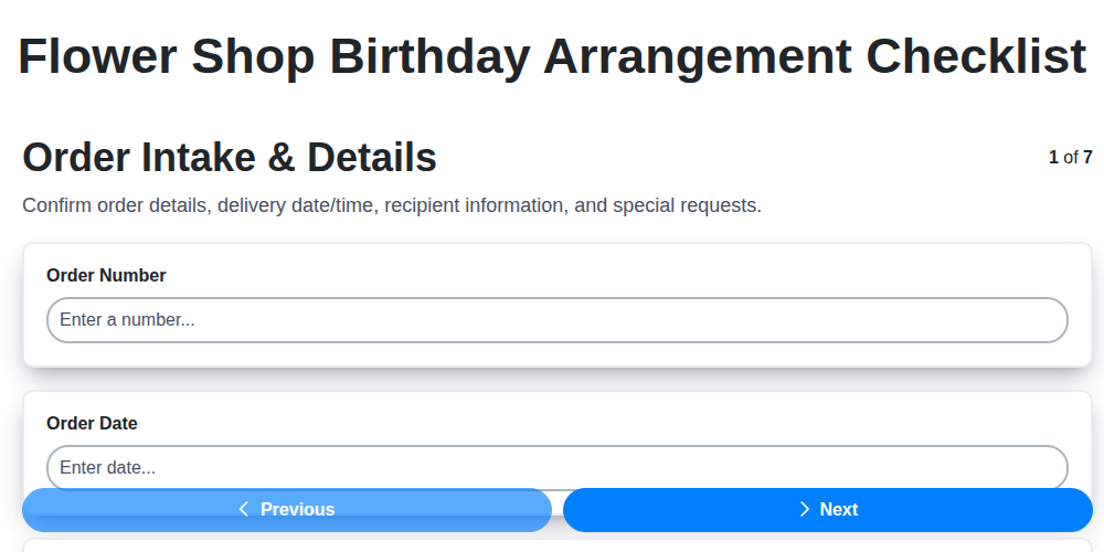flower shop birthday arrangement checklist screenshot