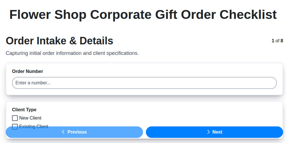 flower shop corporate gift order checklist screenshot