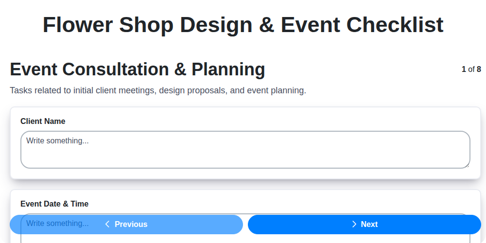 flower shop design event checklist screenshot