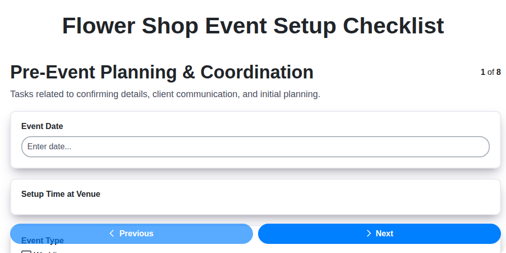 flower shop event setup checklist screenshot