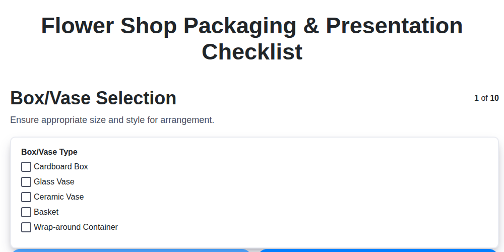flower shop packaging presentation checklist screenshot