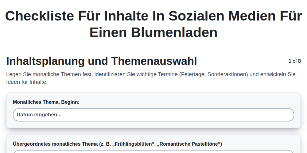 Checkliste für Inhalte in sozialen Medien für einen Blumenladen screenshot