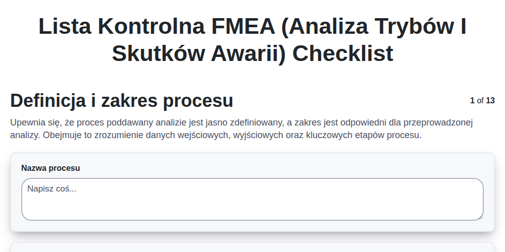 Lista kontrolna FMEA (Analiza trybów i skutków awarii)
 screenshot