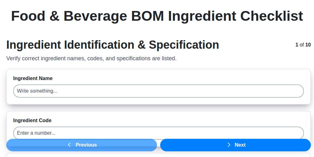 food beverage bom ingredient checklist screenshot