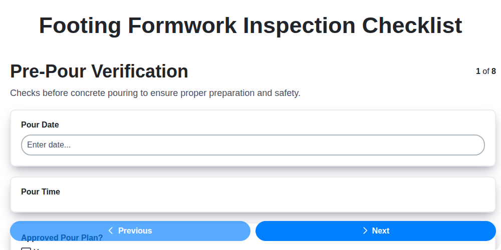 footing formwork inspection checklist screenshot