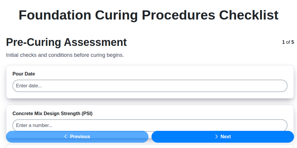 foundation curing procedures checklist screenshot