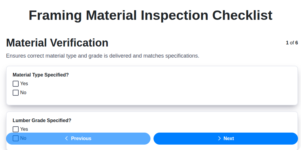 framing material inspection checklist screenshot