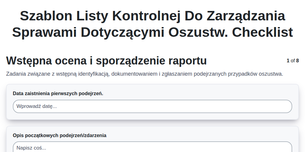 Szablon listy kontrolnej do zarządzania sprawami dotyczącymi oszustw. screenshot
