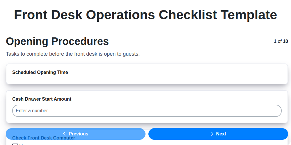 front desk operations checklist template screenshot