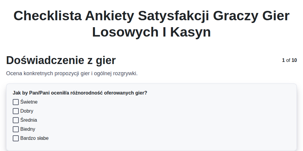 Checklista ankiety satysfakcji graczy gier losowych i kasyn screenshot
