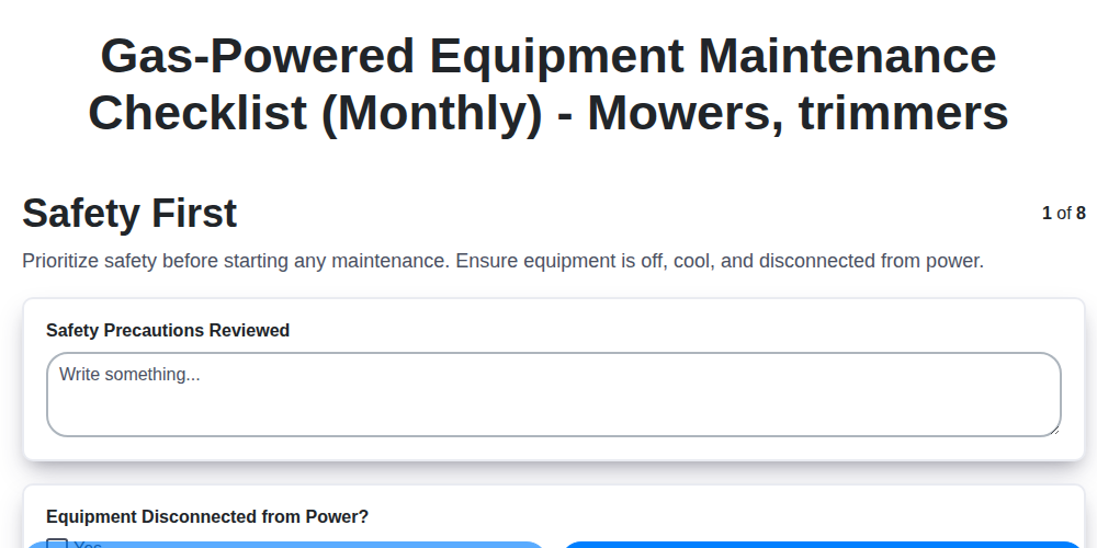 gas powered equipment maintenance checklist monthly mowers trimmers screenshot