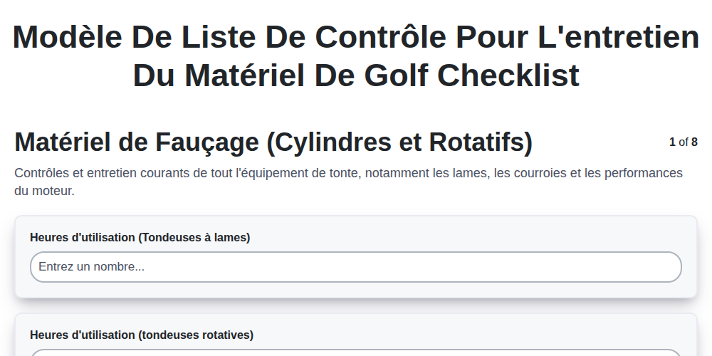 Modèle de liste de contrôle pour l'entretien du matériel de golf screenshot