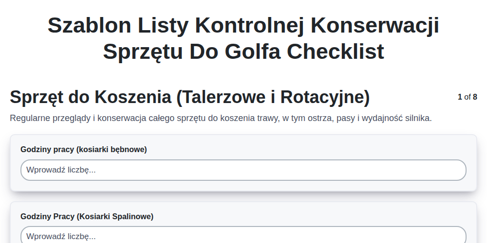 Szablon listy kontrolnej konserwacji sprzętu do golfa screenshot
