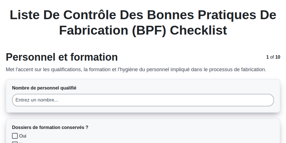 Liste de contrôle des Bonnes Pratiques de Fabrication (BPF)
 screenshot