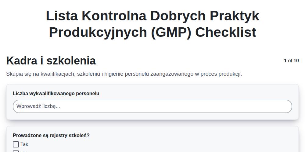 Lista kontrolna Dobrych Praktyk Produkcyjnych (GMP)
 screenshot