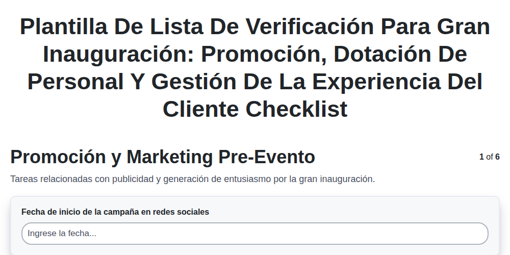 Plantilla de Lista de Verificación para Gran Inauguración: Promoción, Dotación de Personal y Gestión de la Experiencia del Cliente screenshot