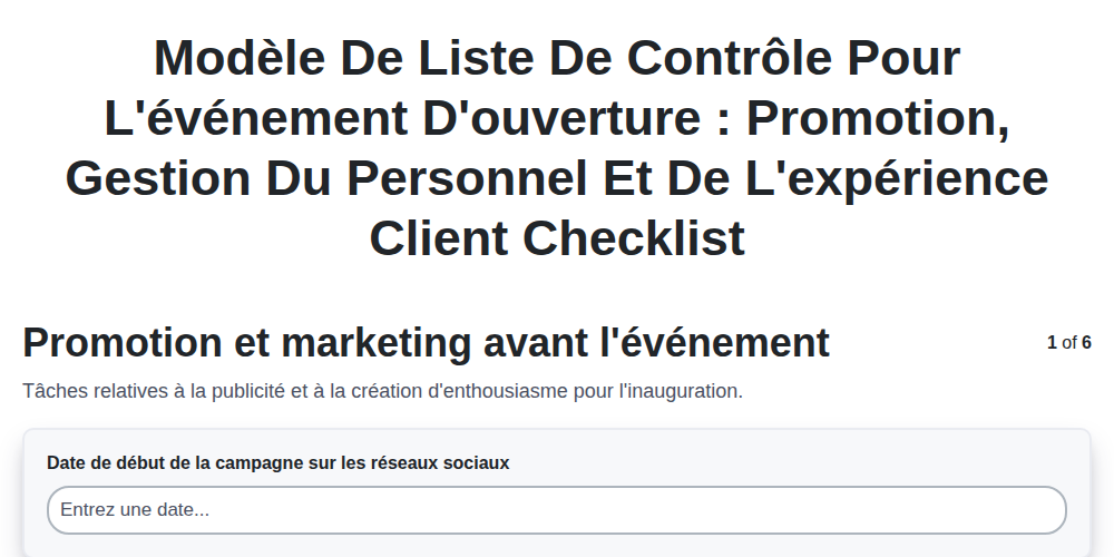 Modèle de liste de contrôle pour l'événement d'ouverture : Promotion, gestion du personnel et de l'expérience client screenshot