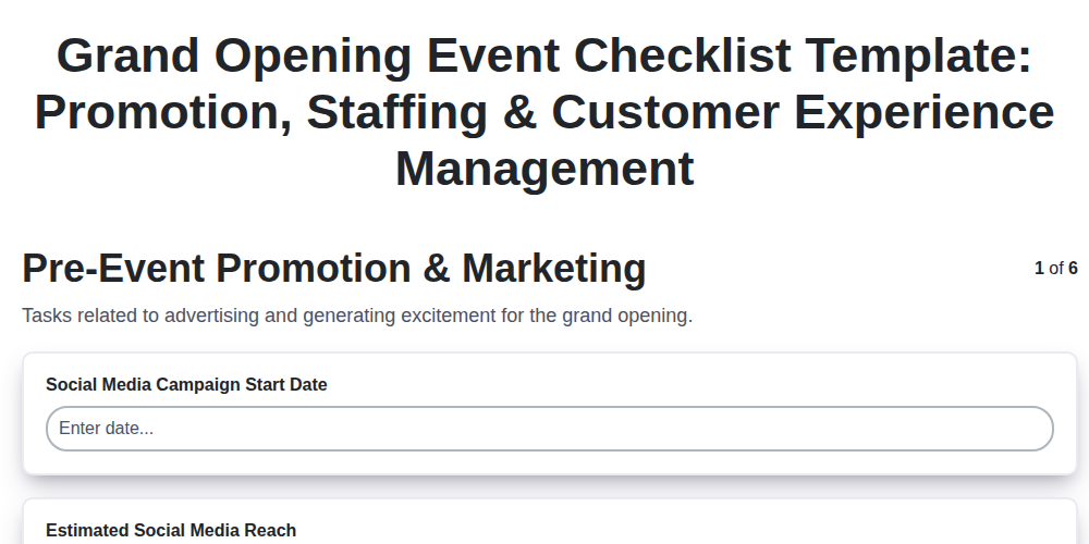 grand opening event checklist template promotion staffing customer experience management screenshot