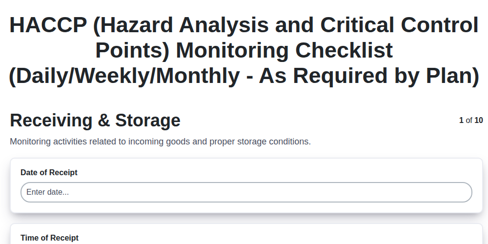 haccp hazard analysis and critical control points monitoring checklist daily weekly monthly as required by plan screenshot